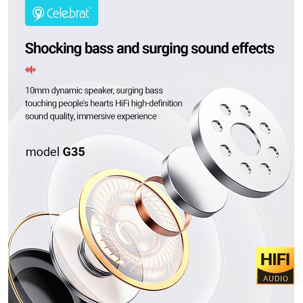 Casti in-ear Celebrat G35 cu microfon, conectare 3.5mm, difuzoare 10mm, cablu 1.2m, alb