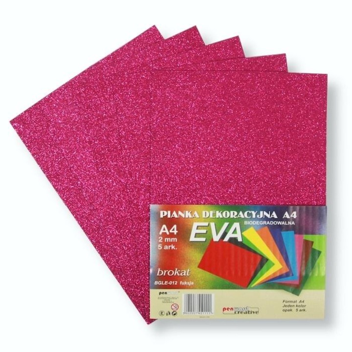 Spuma EVA decorativa Penword A4, cu sclipici, biodegradabila, 2 mm, fucsia, 5 foi