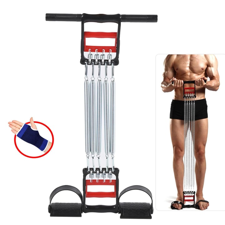 Extensor multifunkcionális 5 rugóval, AFKSMILE, 3 az 1-ben fitnesz extensor készülék kesztyűvel, Multifunkcionális, Levehető, Állítható, Hasra, combra és karra, Rehabilitációs edzés, Rugóacél, 34*14cm, Fekete/Ezüst