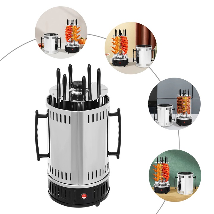 Gratar electric vertical, Rotisor shawarma/kebab cu 6 frigarui, 1000 W, Rotatie automata, 400–500°C, 20×37, 5 cm, Otel inoxidabil 304/201, 220 V priza UE