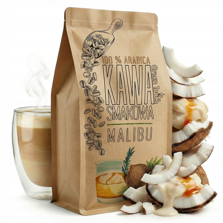 Cafea boabe Green Touch Malibu, cafea aromata 100% Arabica, aroma rom si cocos, prajire medie, maro, 1 kg