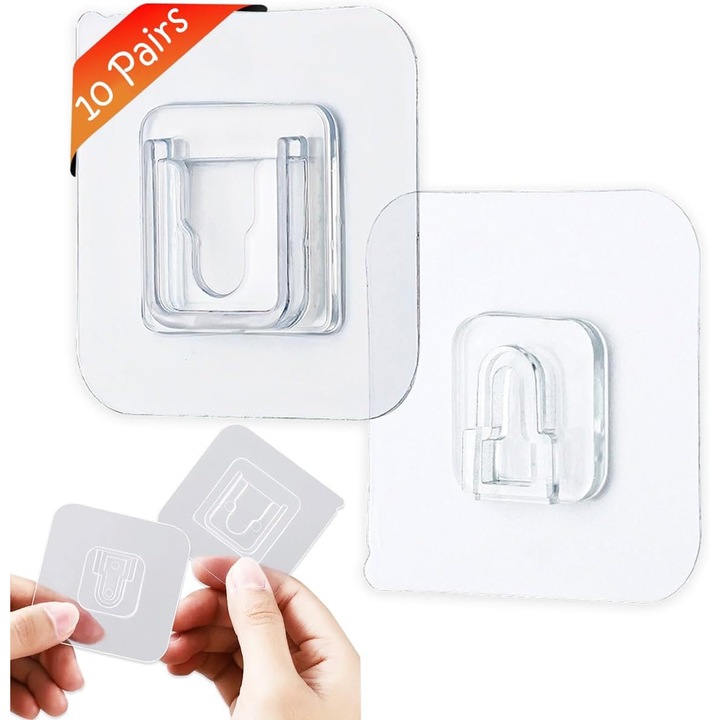 Carlige adezive de perete, pachet de 20 de carlige adezive fata-verso 15 kg (maxim), carlige adezive transparente pentru toalete, camere de zi, bucatarii, dopuri de agatat, rame foto, routere