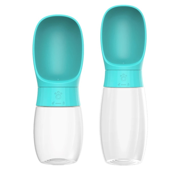Sticla de apa portabila, bidon pentru caini si pisici Turquoise-PET, din PET/ABS, cu design etans si recipient integrat pentru baut, Turcoaz, 500ml