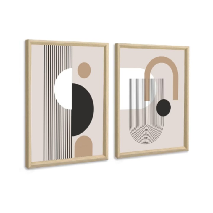 Set de 2 tablouri, 30 x 40 cm, pe panza, rame incluse, model geometric, culoare bej