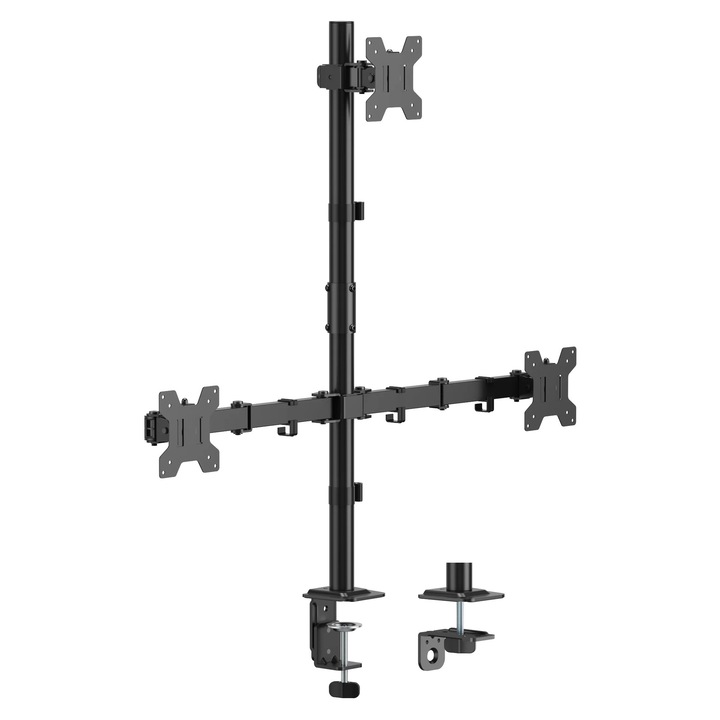 Suport 3 monitoare 17-32" inch, Reglabil StableDesk®, Pana la 10 kg/ecran, Rotire Portret/Landscape, Model StableArm™ Saver Trio Vertical, 3 brate, Quick-Release VESA 75x75/100x100, Montaj cu Clema/Surub in blat - Negru mat