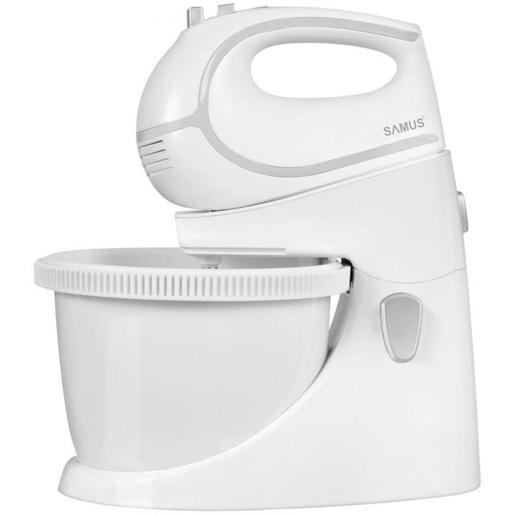 Samus tálmixer, műanyag, 500 W, 5 sebességfokozat, Erőteljes, Turbo funkció, fehér, dagasztókarok + habverők, Forgó tál, Levehető mixer, Eject gomb a lapátok eltávolításához