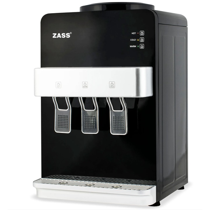 Zass vízadagoló, fűtési teljesítmény 550 W, hűtési teljesítmény 50 W, LED jelzőfények meleg és hideg vízhez, automata termosztát, fekete, felső tartály 11 / 19 l, csendes, egyszerű, vízcsepptálca