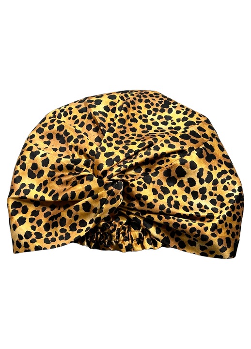 Boneta MATASIA din 100% Matase Naturala 22 Momme, Leopard Gold, Protectie si Confort pentru Par