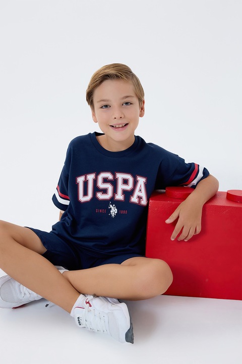 U.S. Polo Assn., Trening scurt din bumbac cu imprimeu logo supradimensionat, Bleumarin