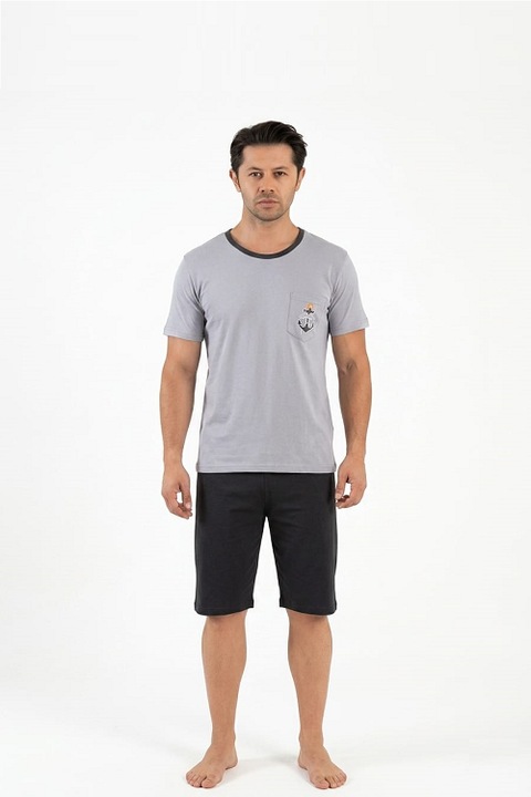 Pijamale barbati, bumbac, tricou si pantaloni scurti, Gri | Negru