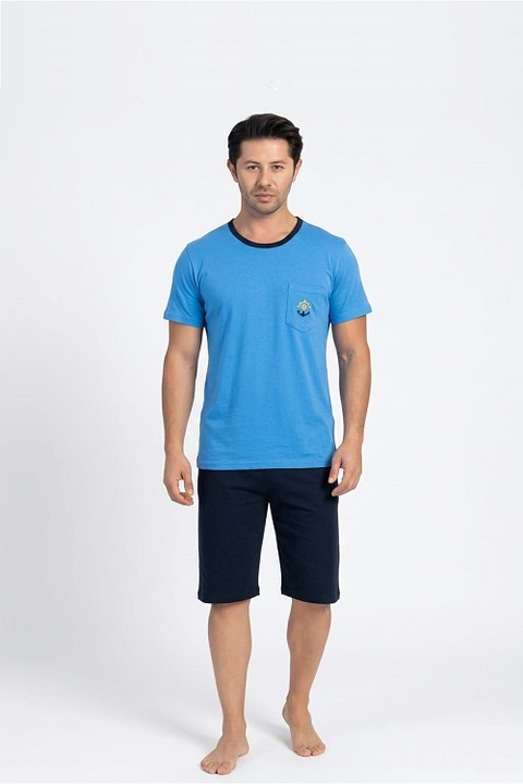 Pijamale barbati, bumbac, tricou si pantaloni scurti, Albastru | Negru
