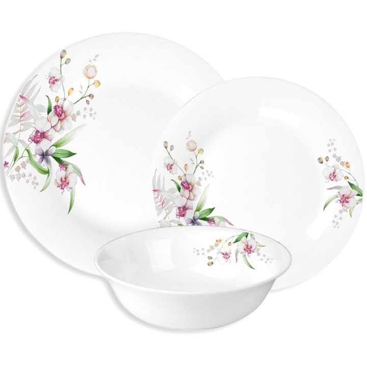 Set de cina GierekHoff Aura Pure cu 18 piese, farfurii albe pentru 6 persoane, model orhidee flori, GH 1217
