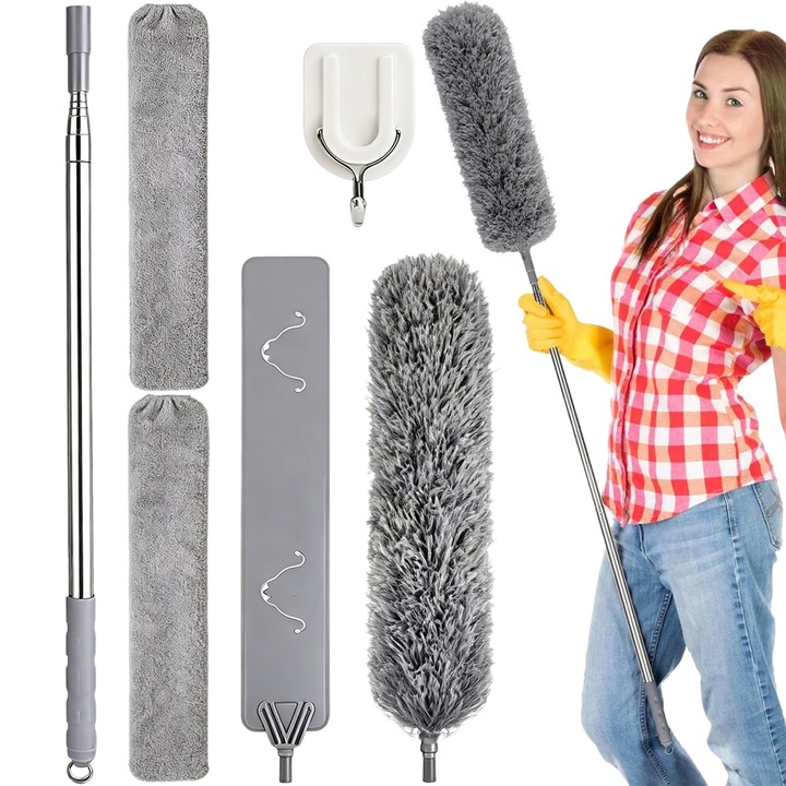 Set de curatare Juksun, perie extensibila/laveta din microfibra, tija telescopica inox 42-210cm, 2 huse lavabile, flexibila, gri, 6 piese
