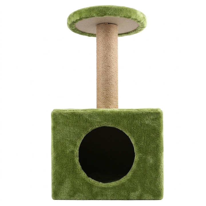 Ansamblu de Joaca pentru Pisici, tip turn, platforme de observatie, 1 casuta, 1 stalpi pentru zgariat, captuseala extra moale, 35x35x70cm, Verde