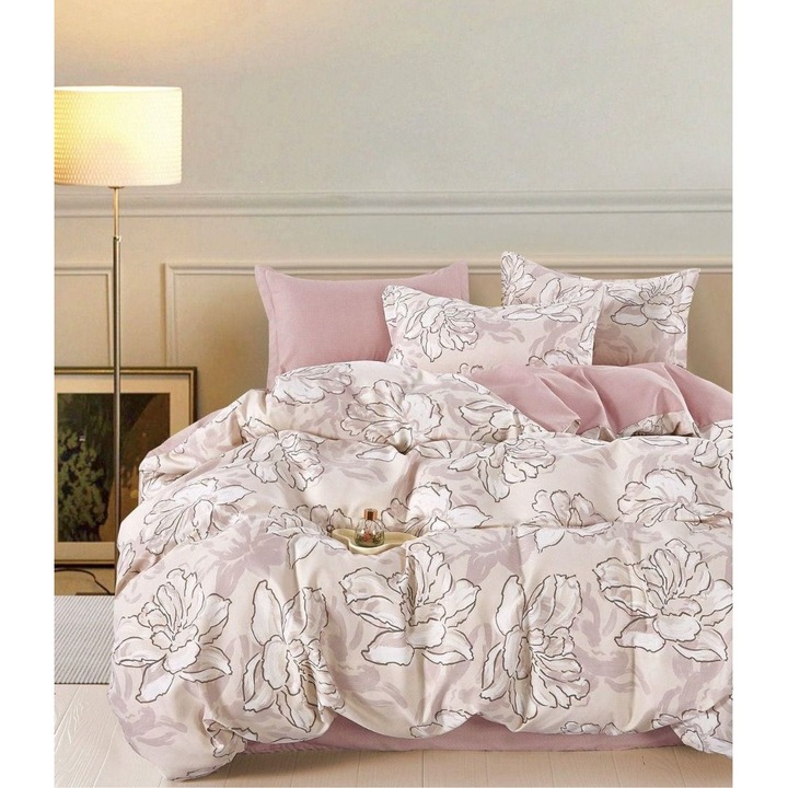 Set Lenjerie de pat CHIRASO, Finet Premium, 6 Piese, Cearceaf clasic 230x240 cm, Husa Pilota 200x230 cm, 4 Fete de Perna, cu Imprimeu Elegant, roz pal