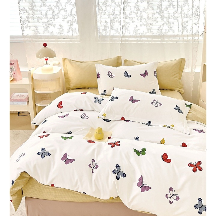 Set Lenjerie de pat CHIRASO, Finet Premium, 6 Piese, Cearceaf clasic 230x240 cm, Husa Pilota 200x230 cm, 4 Fete de Perna, cu Imprimeu Elegant, alb-maro crem