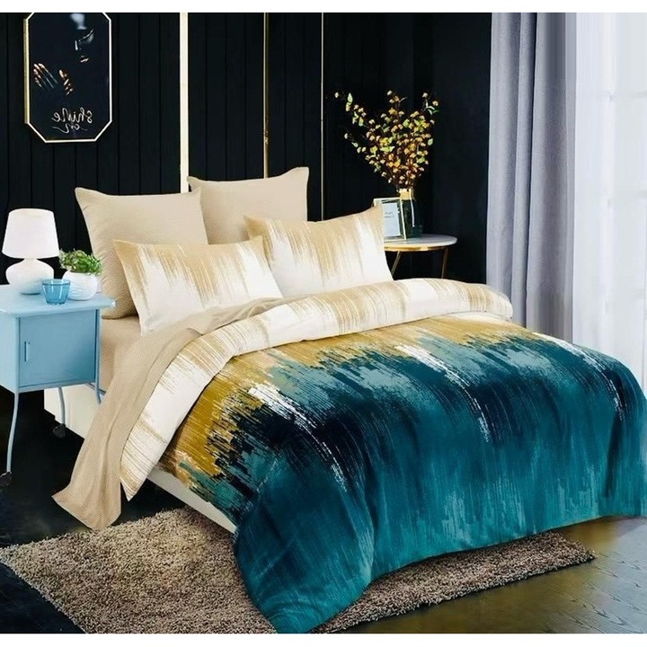 Set Lenjerie de pat CHIRASO, Finet Premium, 6 Piese, Cearceaf clasic 230x240 cm, Husa Pilota 200x230 cm, 4 Fete de Perna, cu Imprimeu Elegant, crem-albastru
