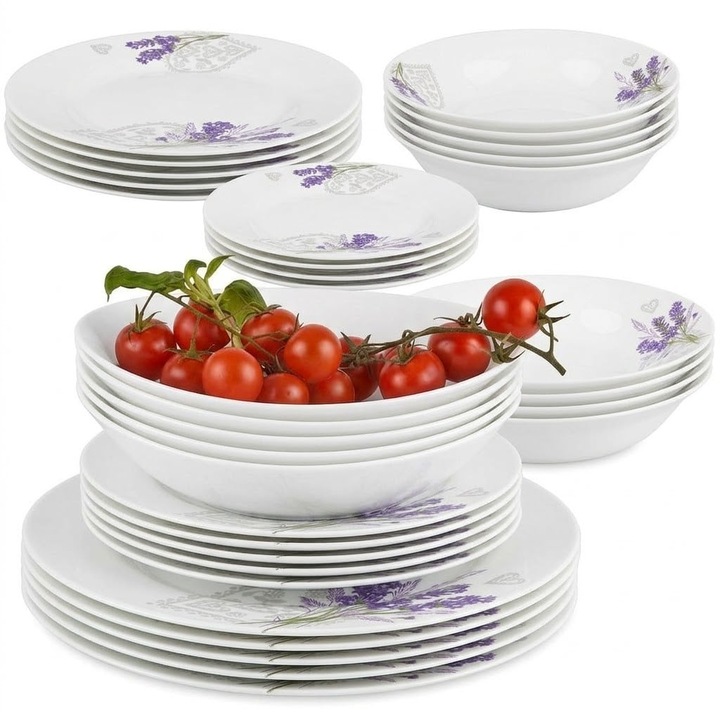 Set de cina Esmene 36 piese, farfurii albe pentru 12 persoane, model lavanda