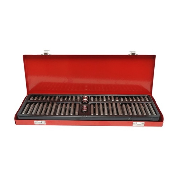 Set biti profesional 54 piese imbus torx hex si spline, adaptoare 3/8 si 1/2, trusa completa mecanica auto in cutie metalica