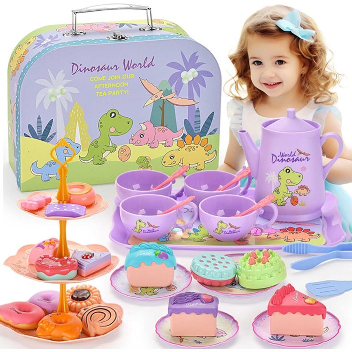 Set ceai de jucarie Omelivon Dinosaur Tea Party, din plastic ABS non-toxic, cu 18 deserturi si geanta de transport, Multicolor, 34 piese