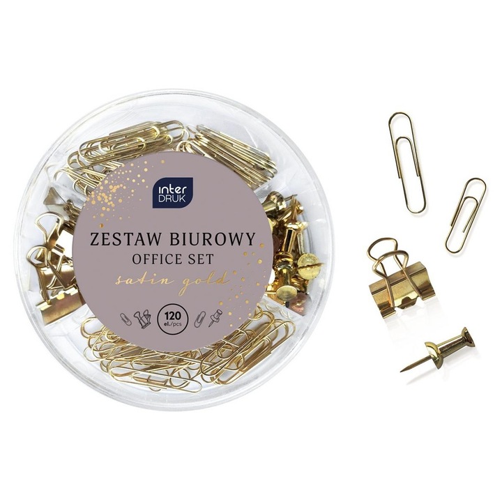Interdruk Satin Gold íróasztali készlet, kis gemkapcsok 60 db, nagy gemkapcsok 30 db, iratcsipeszek 10 db, rajzszegek 20 db, arany, 120 db