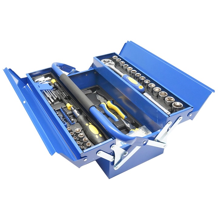 Trusa scule 64 piese cu cutie metalica rabatabila 48x24x21 cm, set complet tubulare, clichet, surubelnite si clesti pentru mecanica si uz general