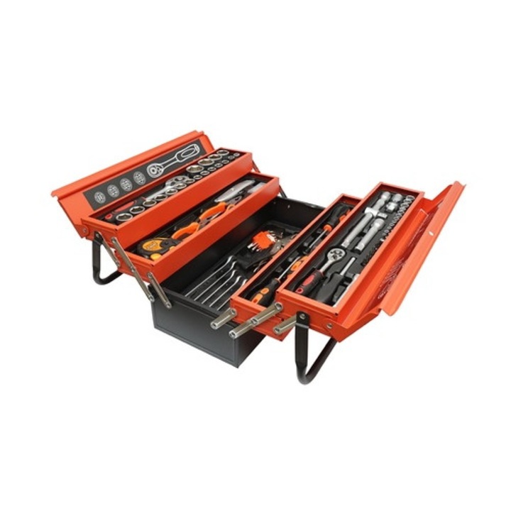 Trusa scule 85 piese cu cutie metalica rabatabila 51x25x25 cm, set complet tubulare, clichet, chei si clesti pentru mecanica si uz general
