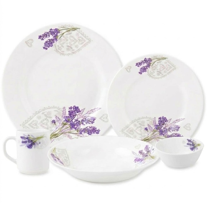 Set de cina Esmene, 30 de piese, farfurii, boluri si cesti albe, 270 ml, pentru 6 persoane, model lavanda