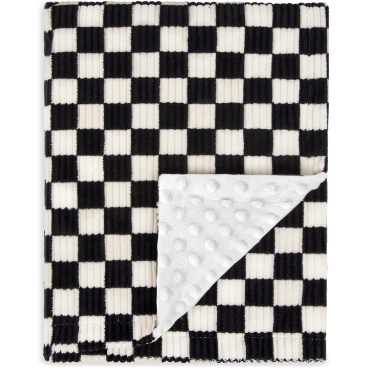 Babatakaró, kényelmes és tartós, korall polár anyagból, dupla rétegű, kockás pöttyös mintával, fekete, 70 x 100 cm
