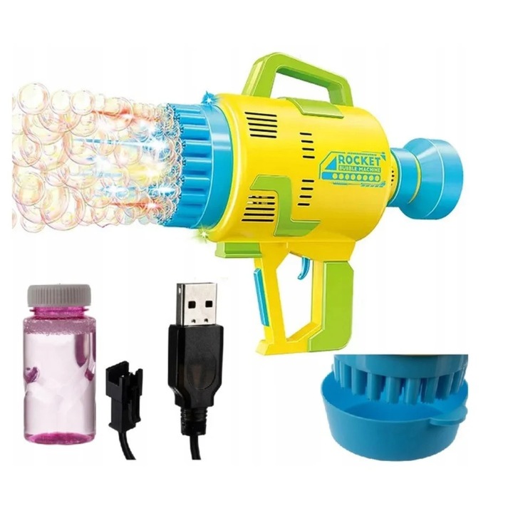 Pistol baloane de sapun Varioshop®, 48 orificii, automat, reincarcare USB, lumina LED, rezervor 150 ml, jucarie copii exterior, galben cu albastru, 24x22x10 cm