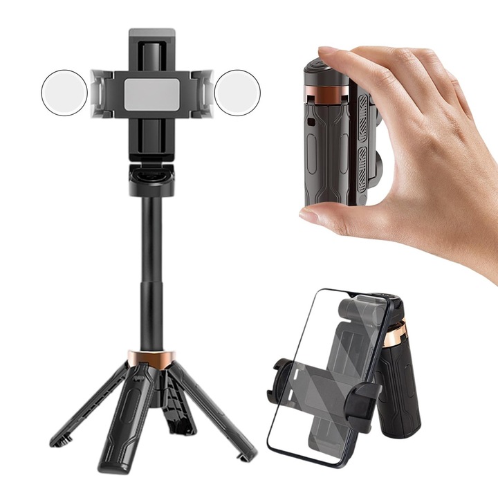 Selfie Stick Multifunctional, Lwtsrp®, Baston Bluetooth 3 in 1 cu maner Capgrip si telecomanda, mini trepied extensibil pentru telefoane mobile compatibil cu iPhone/Samsung/smartphone-uri Android, Negru