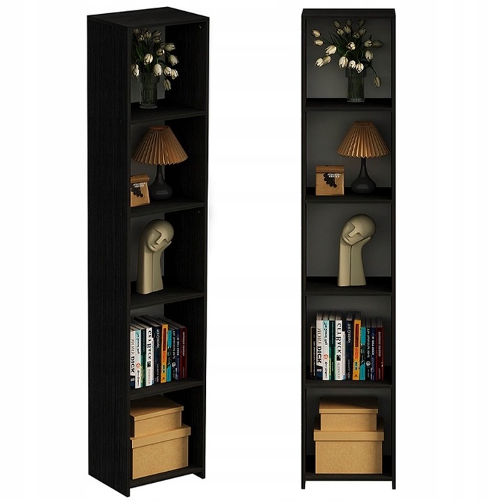 Biblioteca verticala neagra cu rafturi inalte, dulap modern cu coloana, 190 cm, BADU