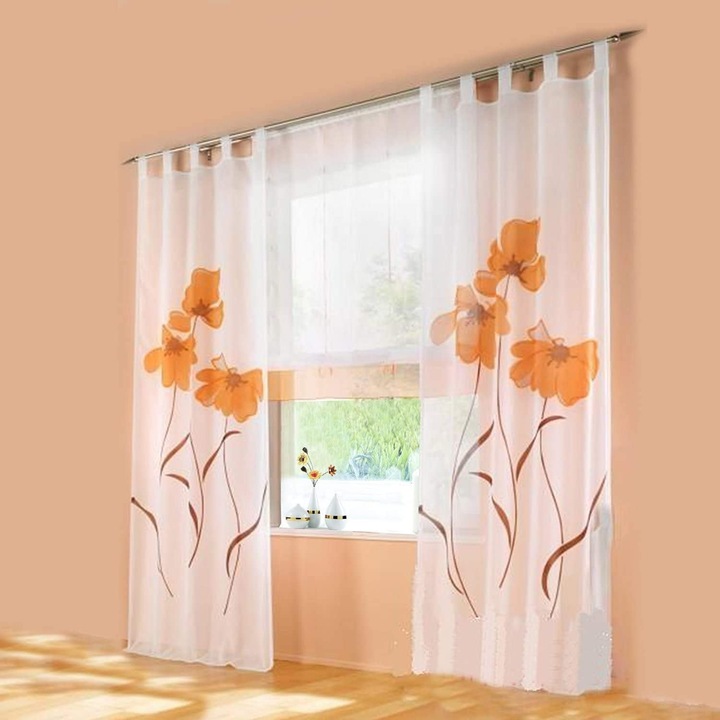 2 db sál típusú függöny szett virágmintával, tökéletes nappaliba vagy hálószobába, hurokkal és sál részlettel, 150 cm széles / 260 cm magas, narancssárga