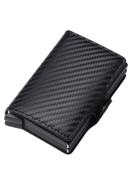 Portofel pentru carduri din piele PU si aluminiu, design slim compact cu compartimente multiple, Carbon Fiber, Negru, 9.5 cm