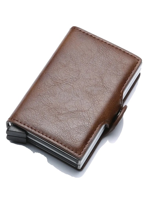 Portofel carduri slim piele PU si aluminiu cafea 9.5cm