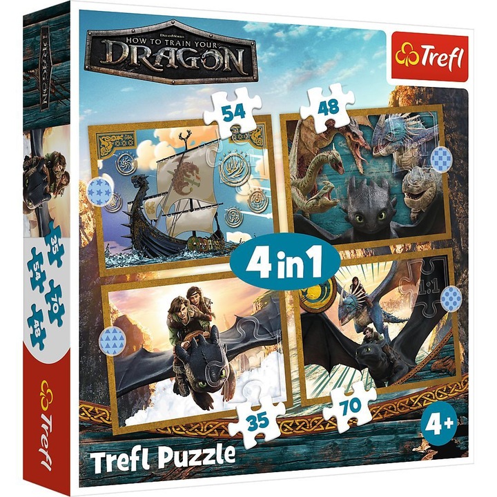 Пъзел Trefl 4 в 1 - How to train your dragon, Дните на дракона, 35/48/54/70 части