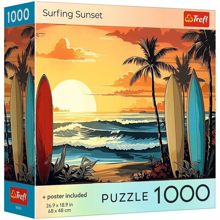 Puzzle Trefl - USA Collection, Apus de soare pentru surf, cu poster inclus, 1000 piese