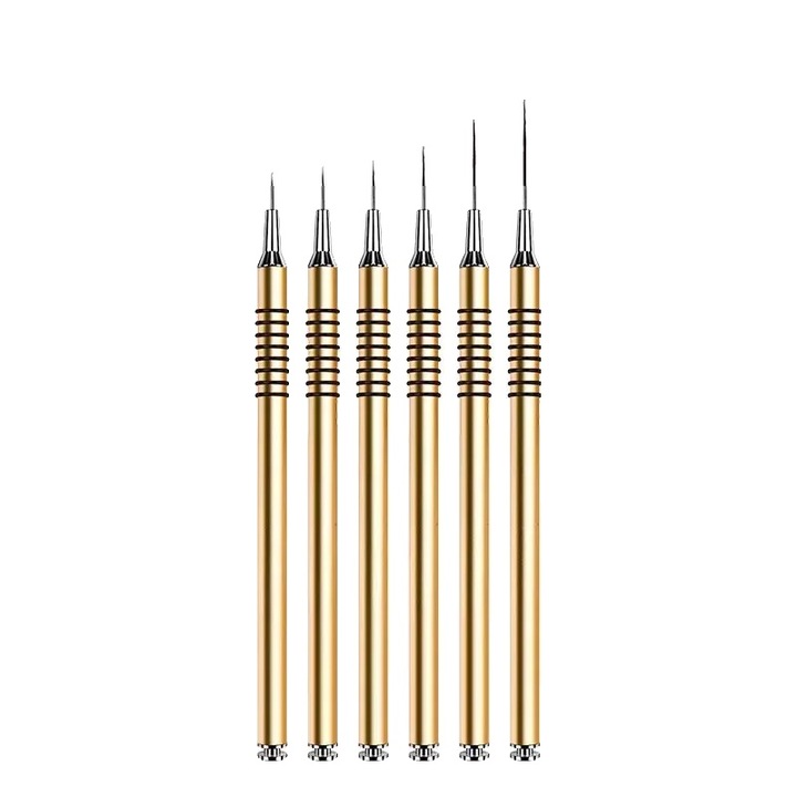 Set pensule pentru nail art, perii lungi si subtiri pentru detalii precise, rezistente, compatibile cu gel UV, auriu, 6 piese