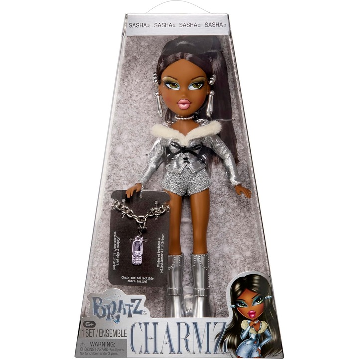 Papusa Bratz Charmz Sasha Cu Bratara Cu Charmuri Si Accesorii De Colectie Cercei, Agrafe De Par Si Un Colier Cromat