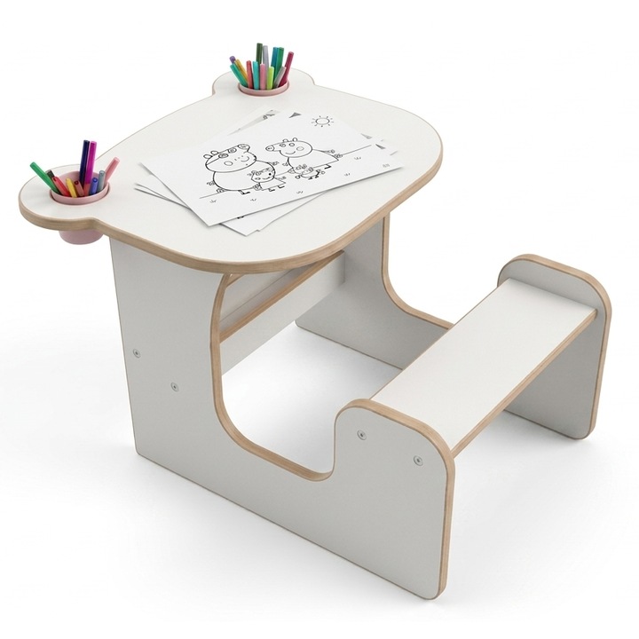 Set Masa Ursulet si Bancuta Copii Montessori 2 in 1, Birou copii, MDF Premium, Alb/Natur, 70x50x48 cm