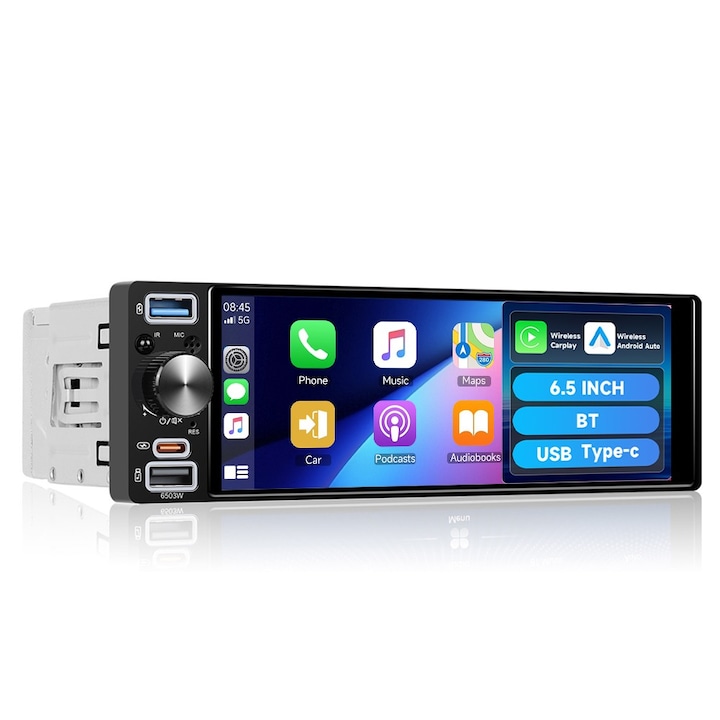 Player Auto 1DIN, cu CarPlay si Android auto wireless, Bluetooth, USB, FM/AM, Suport camera, ecran INCELL 6.5 INCH