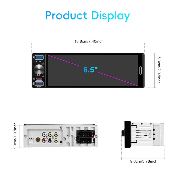 Player Auto 1DIN, cu CarPlay si Android auto wireless, Bluetooth, USB, FM/AM, Suport camera, ecran INCELL 6.5 INCH