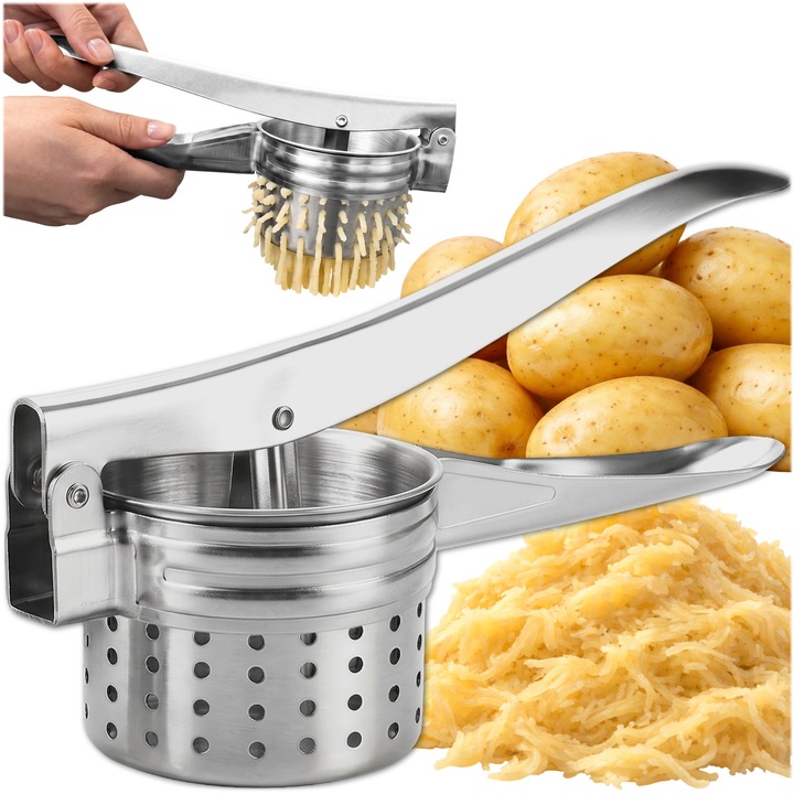 Kézi burgonyaprés rozsdamentes acélból, püré, gnocchi és galuska készítéséhez, zöldségprés hosszú fogantyúkkal, fém burgonyaprés és töltelékprés, 26.5 cm, Ezüst KRUMAD