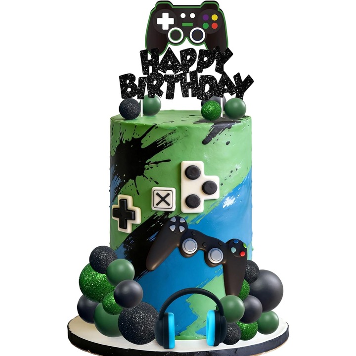 Set 23 decoratiuni tort JeVenis, tema Video Game, include headset, controller si topper 'Happy Birthday', bile mate si sclipitoare, Verde/Negru