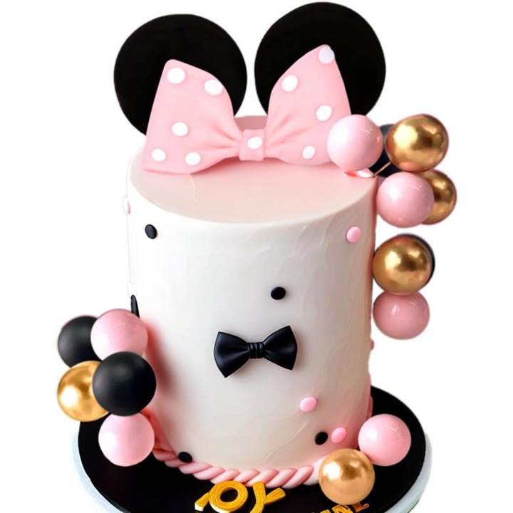 Set decor tort/topper JeVenis soricel, 1 funda roz, 2 urechi negre, 15 bile decorative, multicolor