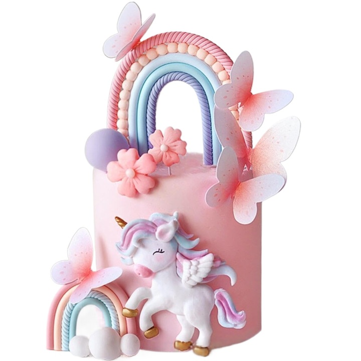 Set decor tort JeVenis tematic unicorn si curcubeu, cu 15 bile, 2 topper curcubeu, 1 topper unicorn, Multicolor, 18 piese