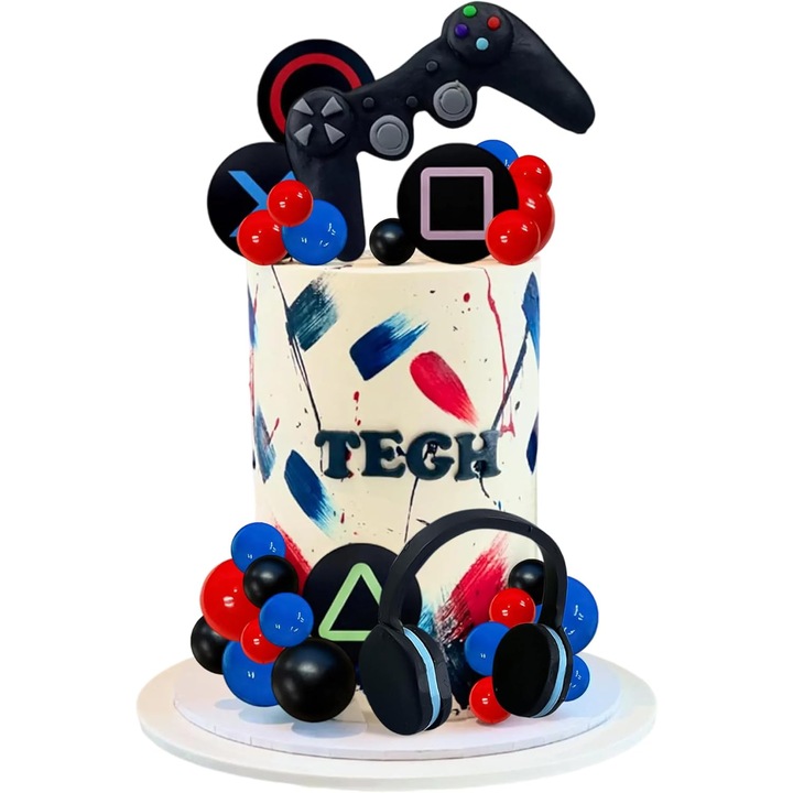 Set decoratiuni tort JeVenis Video game, toppere si ornamente cu headset si controller, 4 toppere tematice, bile decorative, Multicolor, 30 bucati