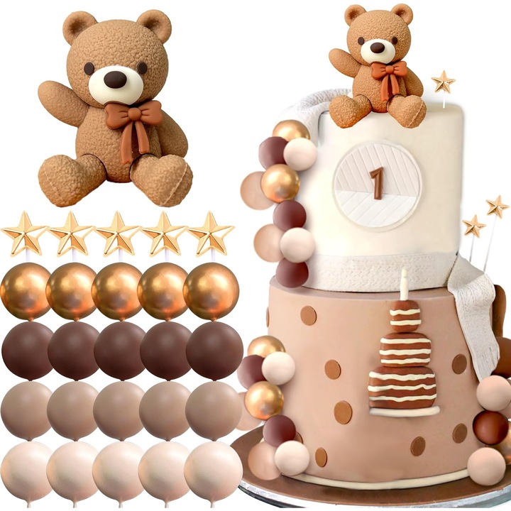 Set decoratiuni tort JeVenis, topper ursulet si ornamente pentru botez si aniversare, 1 ursulet + 5 stele + 20 bile, maro/bej/auriu