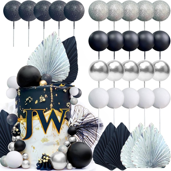 Decor tort JeVenis set 24 bile argintii negre frunze argintii negre