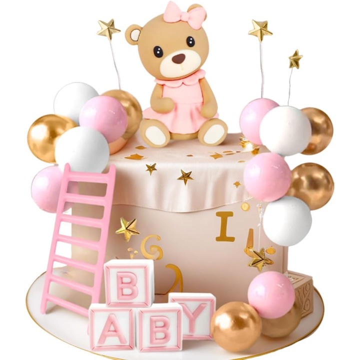 Decoratiuni tort ursulet roz JeVenis set 24 piese pentru petrecere aniversare baby shower